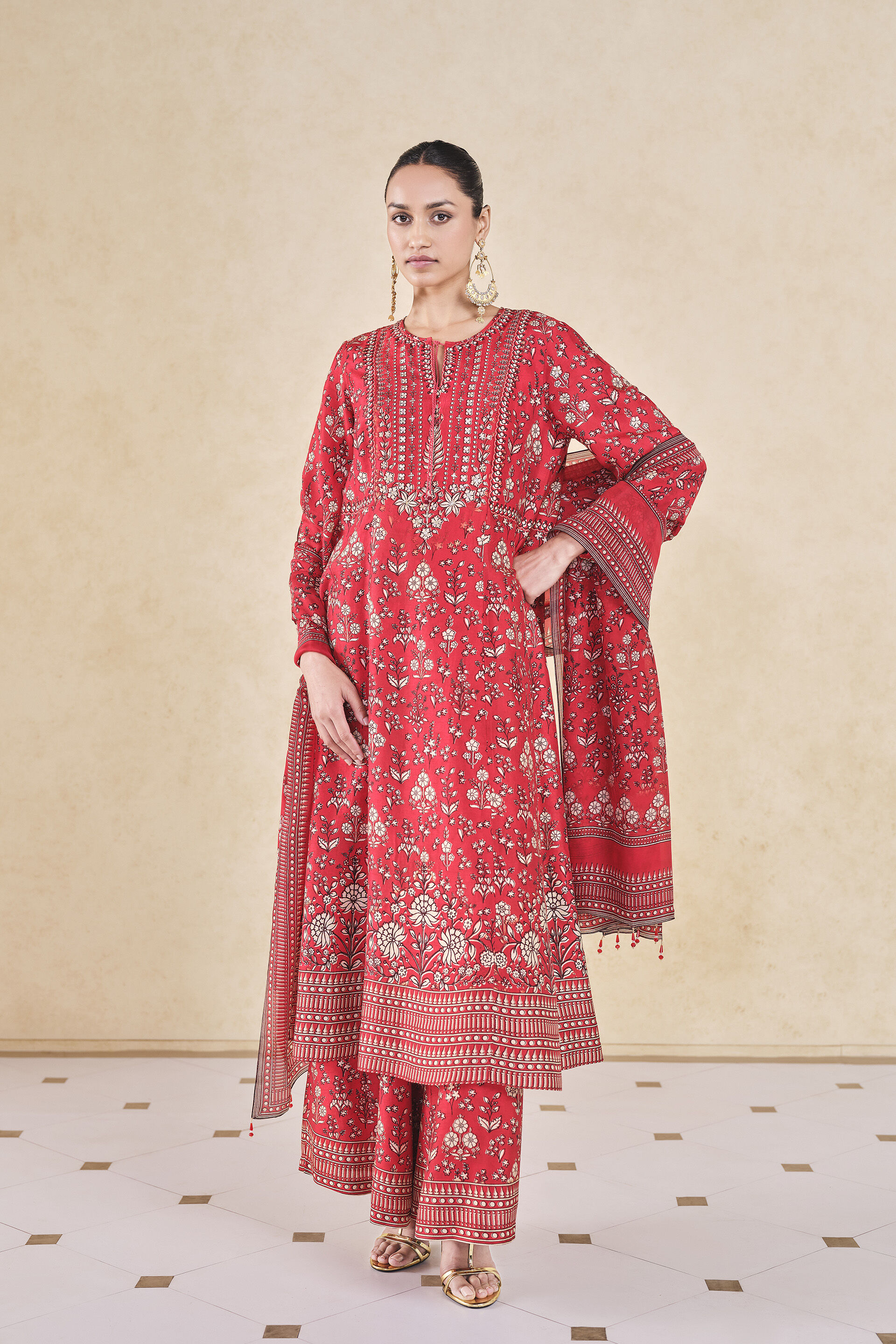 Niral Printed Silk Anarkali Set - Red, Red, image 1